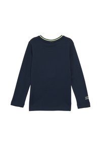 Marineblaues Langarm-T-Shirt mit Rundhalsausschnitt und grünem Akzent, aus weichem Baumwollmaterial, mit kleinem Logo am Ärmel.