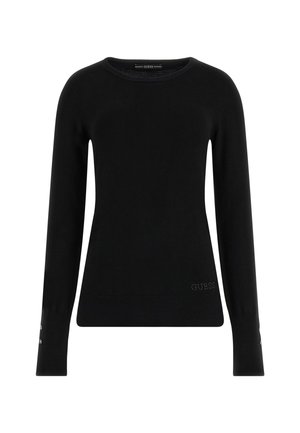 Black long-sleeve sweater made of smooth fabric, featuring a round neck and subtle logo on the front, with decorative buttons on the sleeves.