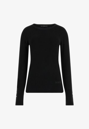 Svart langermet genser laget av glatt stoff, med rund hals og subtil logo foran, samt dekorative knapper på ermene.