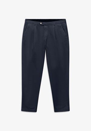 Marineblaue, verjüngte Hose mit Falten, Vorderstaschen, Gürtelschlaufen und einer Knopfverschluß am Bund.