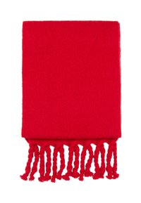 Sciarpa rossa di lana con una texture morbida, forma rettangolare e dettagli di frangia attorcigliati sul bordo inferiore.
