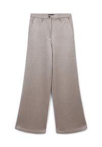 Pantalons à jambes larges en tissu doux de couleur gris clair. Dotés de poches avant et d'une fermeture à bouton. Texture lisse avec des coutures nettes.