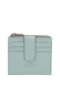 Lichtblauwe leren portemonnee met een gestructureerde afwerking, voorzien van kaartvakjes, een ritssluiting en een drukknopflap.