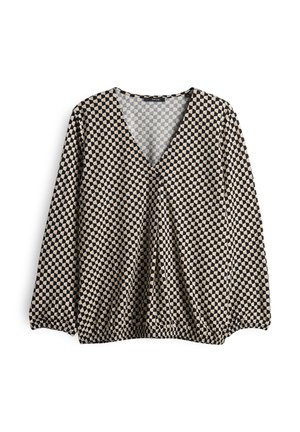 Schwarze und beige geometrisch gemusterte Bluse mit V-Ausschnitt, langen Ärmeln und elastischem Saum, aus weichem Stoff gefertigt.