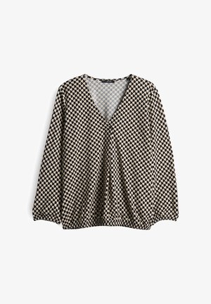Schwarze und beige geometrisch gemusterte Bluse mit V-Ausschnitt, langen Ärmeln und elastischem Saum, aus weichem Stoff gefertigt.