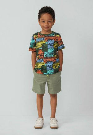 Kleurvol T-shirt met korte mouwen met een collage van landschappen in oranje, groen, blauw en geel. Gepaard met lichtgroene shorts en witte schoenen.