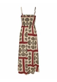 Robe maxi sans manches avec fines bretelles, présentant une base beige et des blocs géométriques bordeaux ornés de motifs floraux sombres.