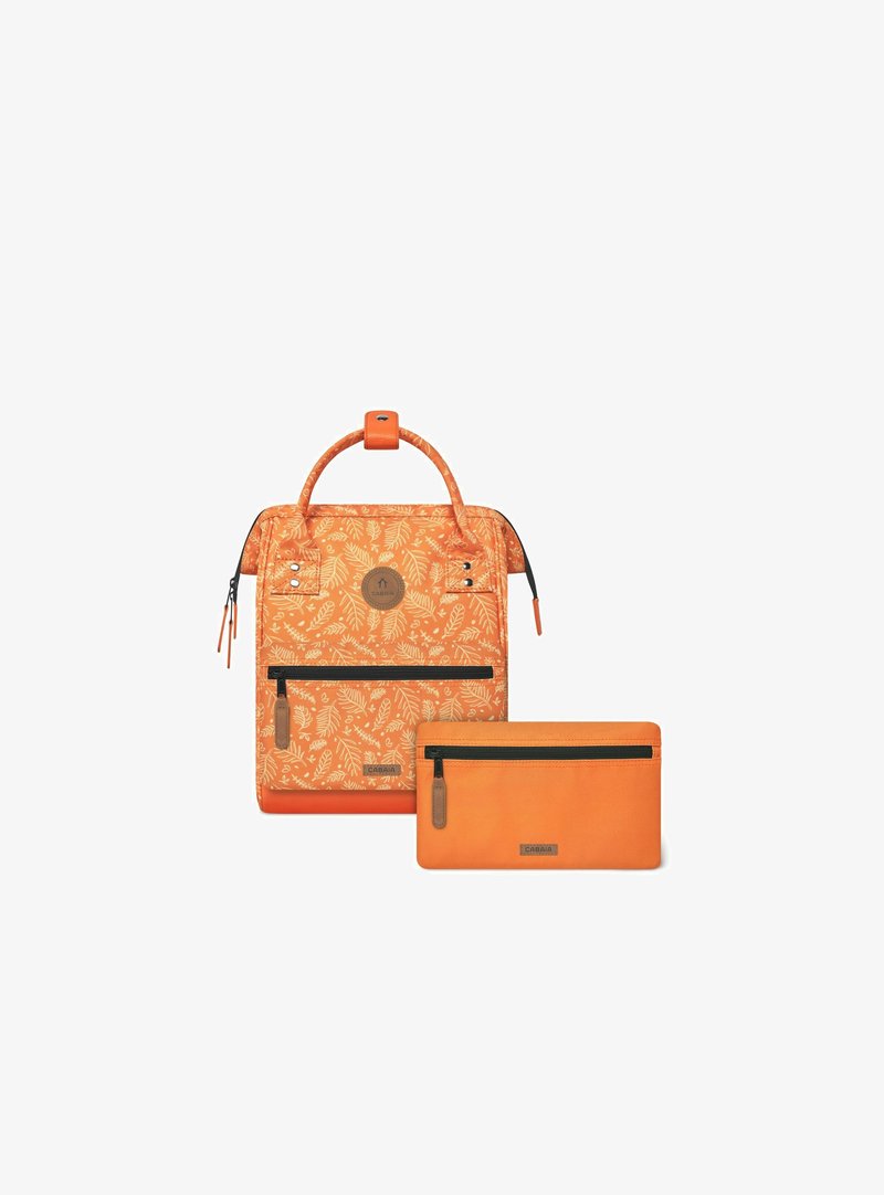Orange backpack with floral pattern, black zippers, and a detachable matching pouch. Textured material and sturdy handle.