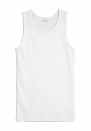 Top semplice bianco smanicato in cotone a coste con scollo rotondo e piccola etichetta del marchio all'interno del colletto.