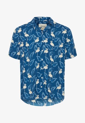 Korte ermers skjorte i blått stoff med et mønster av hvite flamingoer og palmeblader. Lett materiale med en avslappet passform.