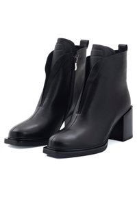 Stivali neri in pelle alla caviglia con punta squadrata e tacco alto a blocco. Presentano una finitura liscia e una zip laterale. Design minimalista.