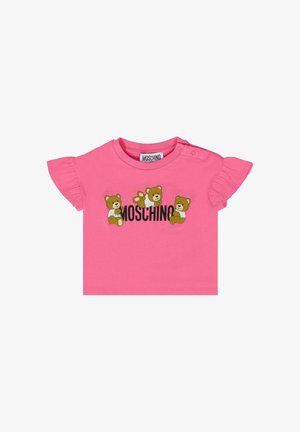 Roze t-shirt met korte mouwen en ruches, met drie cartoontjes van beren en "Moschino" in vetgedrukte zwarte letters. Gemaakt van katoen.