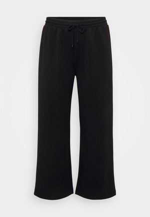 Pantaloni da tuta neri a gamba larga con elastico in vita e cordoncino, caratterizzati da una trama liscia e senza motivi o dettagli visibili.