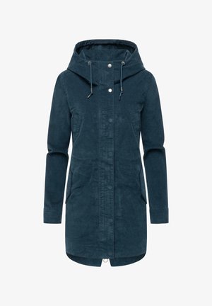 Laivastonsininen huppari, jossa pehmeä, teksturoitu kangas, edessä napillinen suljenta ja sivutaskut. Hupussa säädettävät kiristysnauhat.