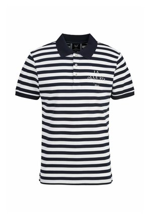 Herren-Polo mit kurzen Ärmeln, horizontalen schwarzen und weißen Streifen, schwarzem Kragen und weißem Textlogo auf der linken Brust.