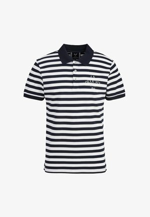 Men's short-sleeve polo shirt with horizontal black and white stripes, black collar, and white text logo on the left chest.