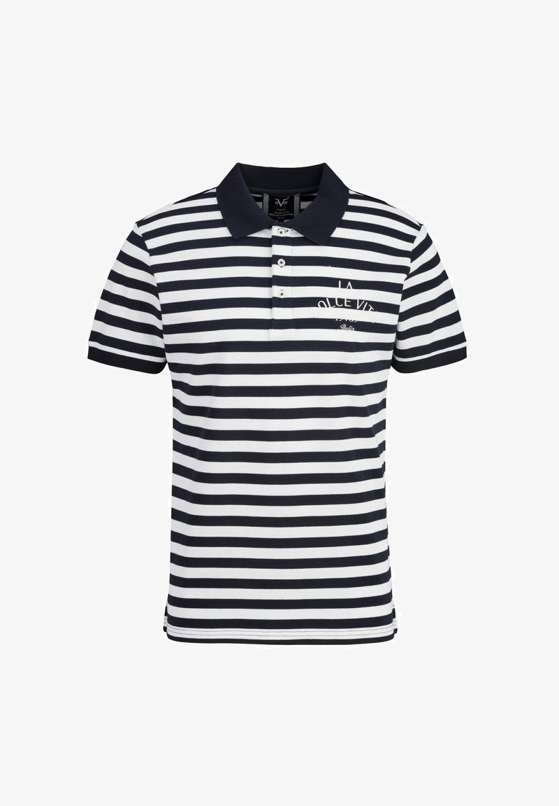 Polo à manches courtes pour homme avec rayures horizontales noires et blanches, col noir et logo texte blanc sur le côté gauche de la poitrine.