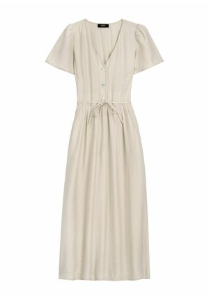 Beżowa sukienka midi z krótkimi rękawami, dekoltem w serek, trzema guzikami z przodu i sznurkiem do wiązania w pasie, przedstawiona na białym tle.