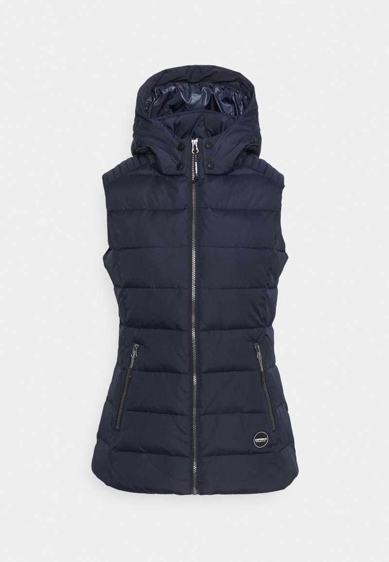 Marineblaue Steppweste mit Kapuze, Frontreißverschluss und zwei seitlichen Reißverschlüssen; verfügt über ein gestepptes Design und ein Logopatch am Saum.