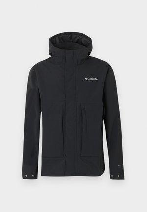 Svart Columbia vanntett hettejakke med frontlommer, lange ermer og trykknapp mansjetter, designet for utendørs bruk.