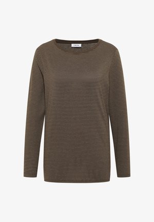 Langärmliges, braun gestreiftes T-Shirt aus weichem Stoff. Verfügt über einen runden Ausschnitt und eine lockere Passform. Einfache, horizontale Streifen im ganzen Shirt.