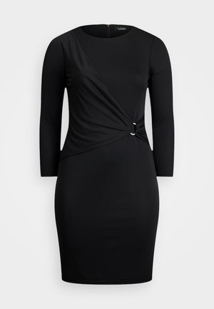 Abito nero attillato con maniche lunghe, scollatura curva e design attorcigliato in vita con un dettaglio in argento. Texture liscia.