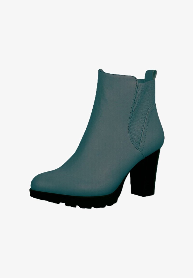 Botín de tacón alto en piel sintética color teal con un acabado suave, que presenta paneles laterales elásticos y una suela de goma negra texturada.