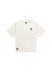 White cotton t-shirt featuring blue and green graphic prints on the front and a red detail with a character on the bottom left.