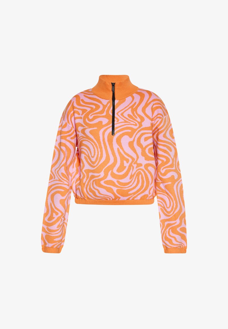 Orange und rosa verkürzter Pullover mit hohem Kragen, ausgestattet mit einem Reißverschluss und einem wirbelnden Muster auf weichem Stoff.