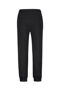 Pantalones de chándal negros hechos de tejido suave, con una cinturilla ajustable, puños elásticos y un bolsillo trasero.