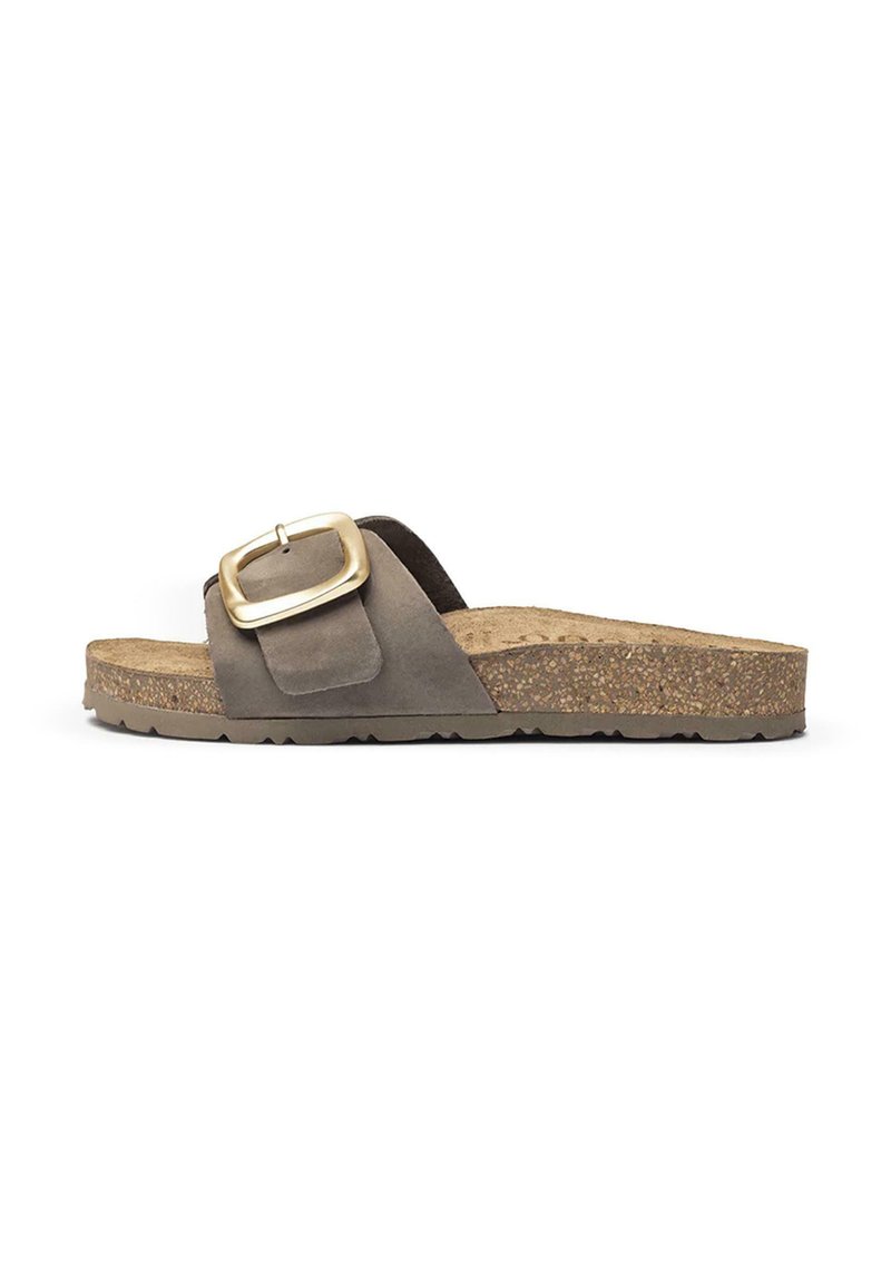 Gray suede slide sandal with a wide strap and a large gold buckle. Textured cork footbed and rubber sole with a slight tread.