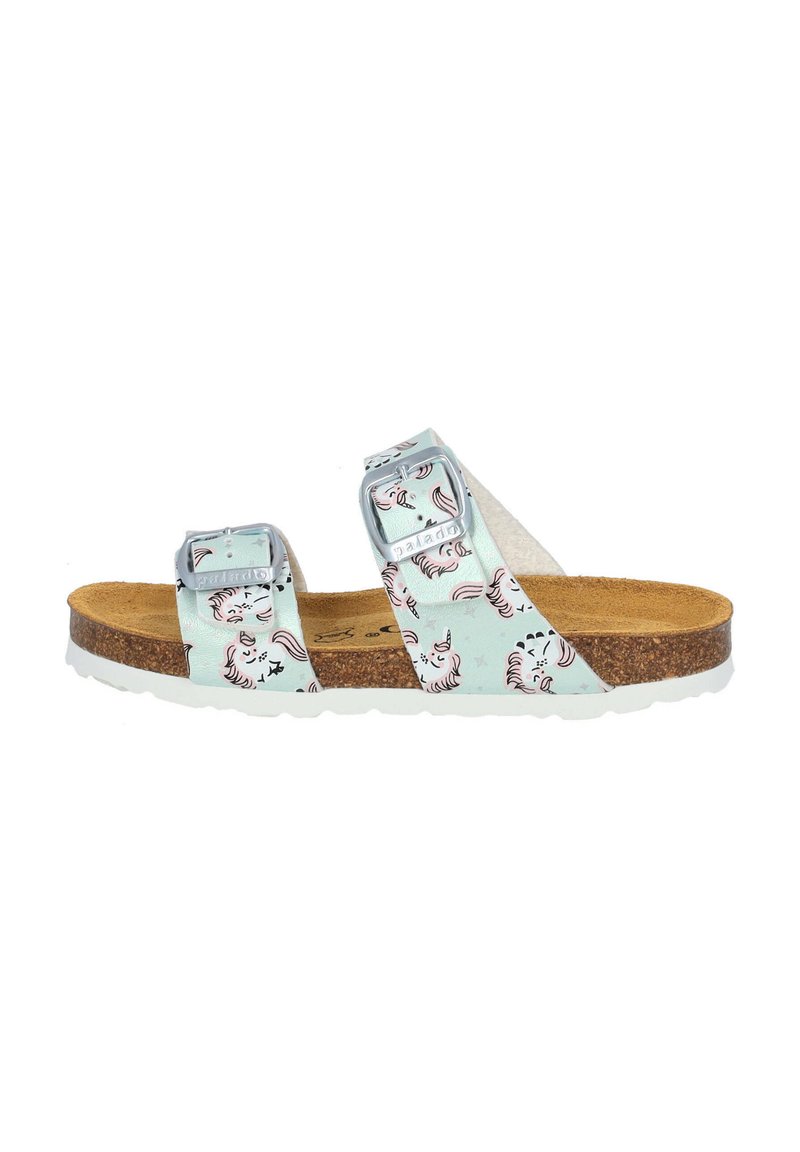 Ljusblå sandaler med unicorn-mönster, dubbla justerbara spännen, korkfotbädd och vit gummisula. Platt design, strukturerad yta.