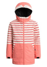 Randig vattentät jacka i korall och kräm, med huva, framsidan med dragkedja, två fickor och texturerade ärmar med justerbara manschetter.