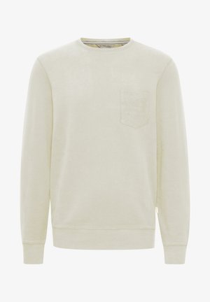 Gai bežs džemperis, kas izgatavots no mīksta materiāla, ar apaļu kakla izgriezumu, garām piedurknēm un mazu kabatu kreisajā krūtīs.