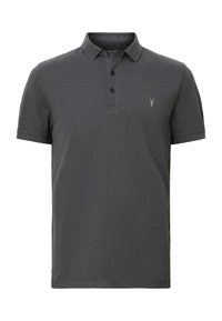 Dunkelgraues Poloshirt aus weichem Stoff mit einer Knopfleiste mit zwei Knöpfen und einem kleinen gestickten Logo auf der linken Brust. Kurzärmlig.