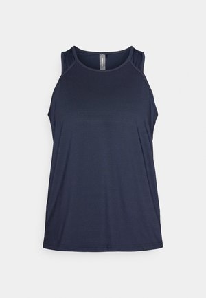 Marinefarbener Tank-Top aus leichtem Stoff mit glatter Textur. Verfügt über ein ärmelloses Design und einen runden Halsausschnitt. Dezentes Stichdetail.