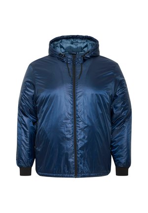 Giubbotto imbottito blu navy con cappuccio, dotato di una finitura lucida, zip frontale e polsini elasticizzati. Design leggero e isolato.