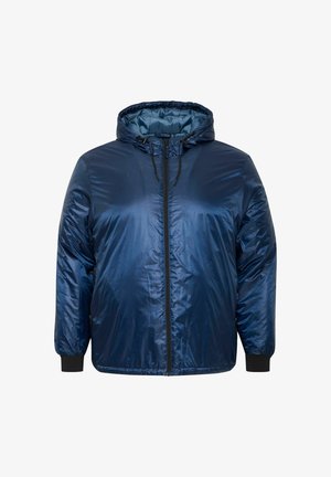 Námořnická modrá péřová bunda s kapucí, s lesklým povrchem, předním zipem a elastickými manžetami. Lehký a izolovaný design.