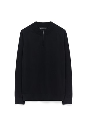 Pullover nero realizzato in morbido tessuto a maglia. Presenta un colletto rotondo, una breve zip frontale e polsini e orlo a coste.
