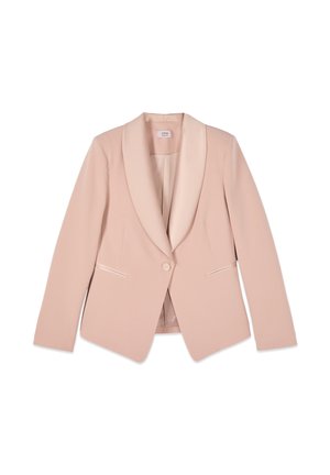 Lichtroze damesblazer met sjaalkraag, enkele knoopsluiting, lange mouwen en twee voorste steekzakken, weergegeven op een witte achtergrond.