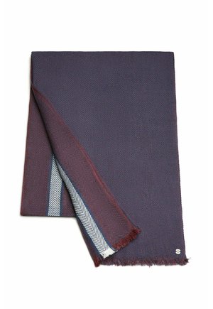 Wool scarf featuring a herringbone pattern in dark purple and maroon, with a fringe edge and a blue and white striped accent.
