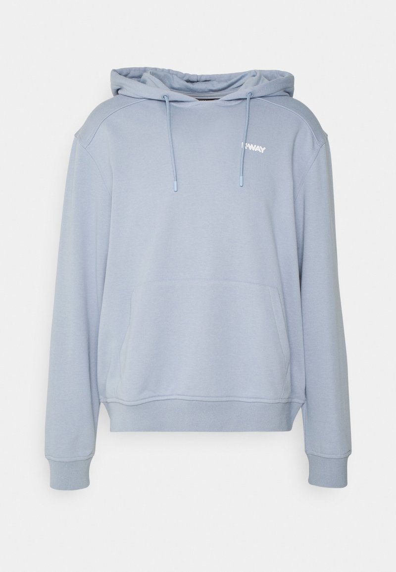 Sweat à capuche bleu clair avec poche kangourou à l'avant, cordon de serrage à la capuche, poignets côtelés et petit logo blanc "WAY" sur la poitrine.
