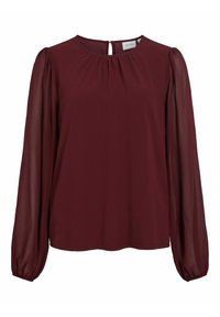 Blusa bordeaux con maniche ampie e trasparenti. Collo rotondo con apertura a chiave nella parte posteriore. Texture liscia, vestibilità leggermente ampia.