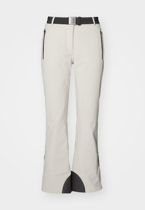Light grey snow pants made of textured fabric, featuring a black waistband, side zip pockets, and black accents at the hem.