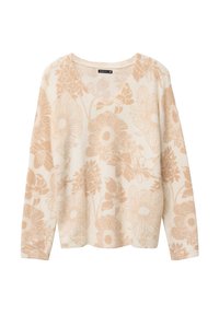 Langarm-V-Ausschnitt Pullover in Creme mit beigem Blumenmuster. Weicher Stoff, lockere Passform, mit detaillierten Blumenillustrationen im gesamten Design.