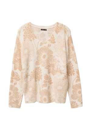 Langarm V-hals trui in cream met een beige bloemenpatroon. Zachte textuur, relaxte pasvorm, met gedetailleerde bloemenillustraties verspreid over de trui.
