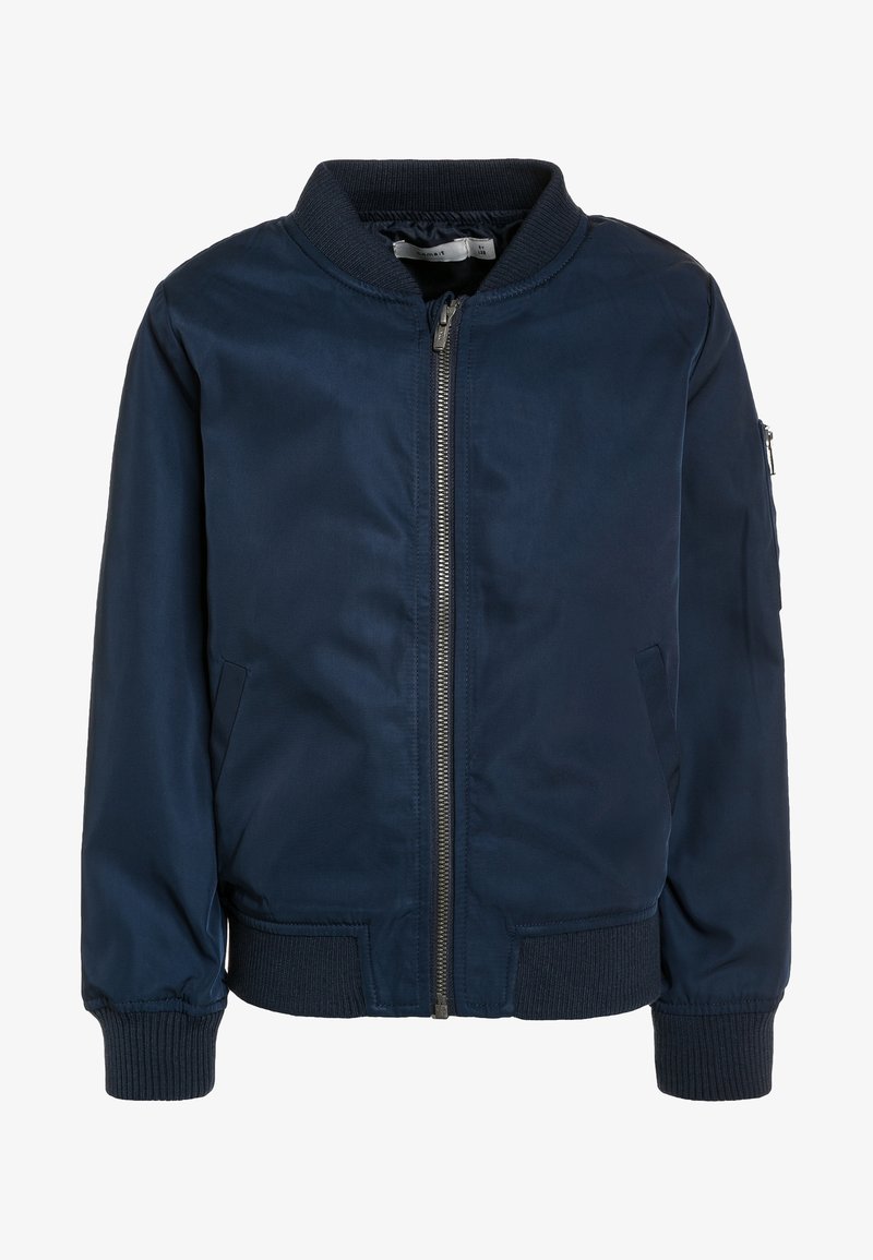 Veste bomber bleu marine en matériau lisse et léger avec fermeture éclair à l'avant, poignets côtelés et col montant. Dotée de poches latérales.