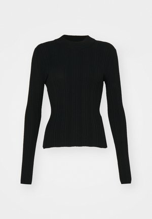 Black ribbed long-sleeve sweater with a high neckline and fitted silhouette. Material appears stretchy with vertical lines. Shorter cut at the hem.