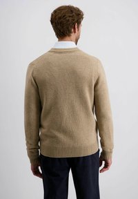 Beige gebreide trui van zacht materiaal, met geribde manchetten en zoom, een standaard kraag en een relaxte pasvorm, getoond vanaf de achterkant.