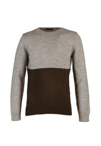 Maglione lavorato a maglia con parte superiore grigio chiaro e parte inferiore marrone scuro, con scollo a girocollo e polsini e orlo a coste.